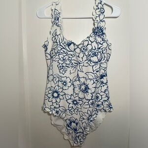Aerie Scalloped Blue & White Floral Print Full Coverage One Piece Swimsuit Sz L